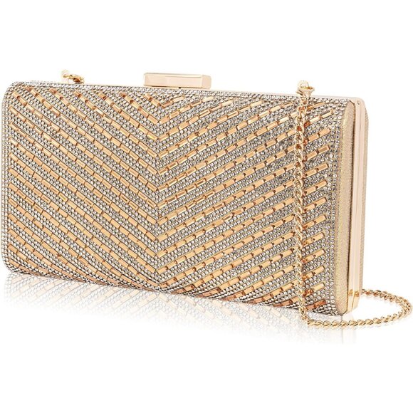 ⚡ Women\'s Sparkly Rhinestone Glitter Metal Clasp Chain Evening Gold Clutch Bag